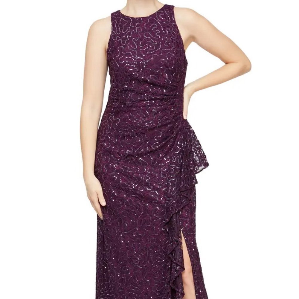Alex Evenings Plum Sparkle Ruffle Sequin Lace Gown
